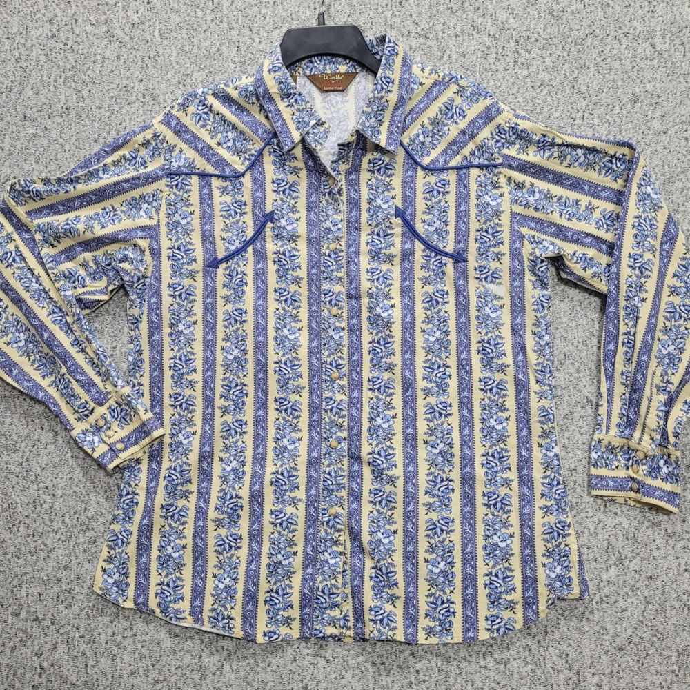 Walls Cowgirl Range Wear Western Shirt XL Blue Floral Stripe Snap FLAW